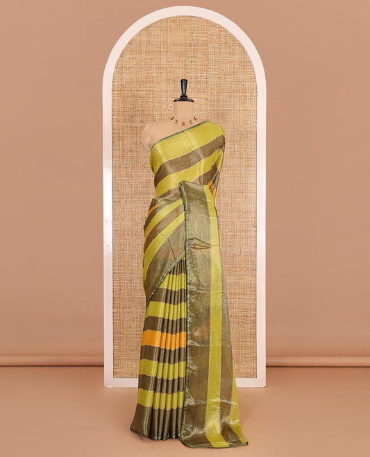 Green horizontal striped fendy chiffon saree, piping border, striped palu, and blouse of sequins and zari buttas