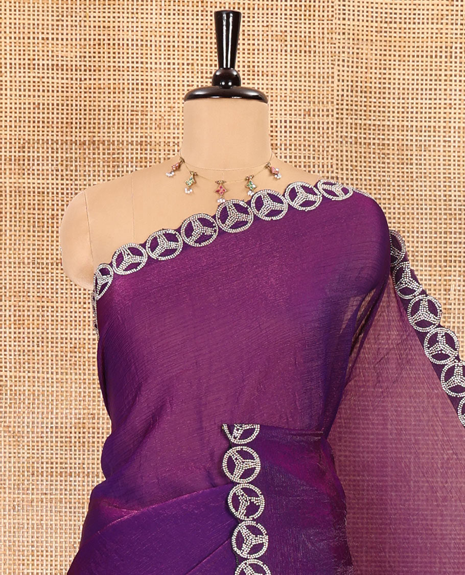 Dark violet plain fendy chiffon saree, scallop micro stone border, intricate stone work pallu, and a matching micro-stone blouse