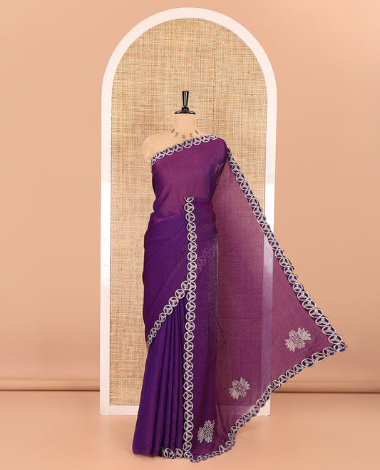 Dark violet plain fendy chiffon saree, scallop micro stone border, intricate stone work pallu, and a matching micro-stone blouse