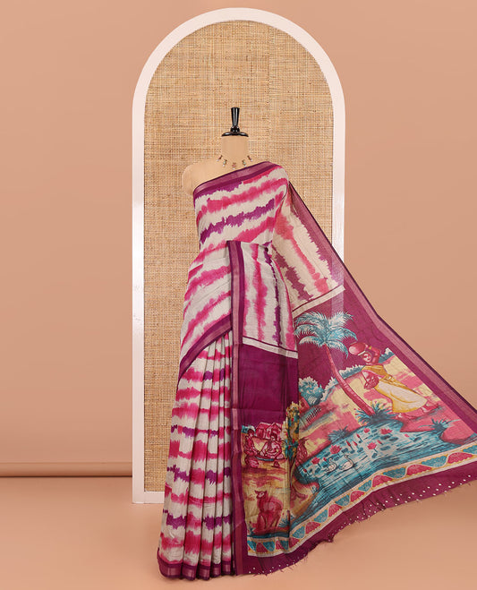 Purple shibori printed muslin cotton saree, contrast zari border, village theme printed pallu, and a contrast dots printed blouse