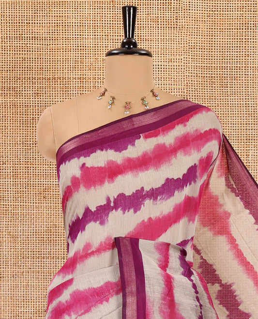 Purple shibori printed muslin cotton saree, contrast zari border, village theme printed pallu, and a contrast dots printed blouse