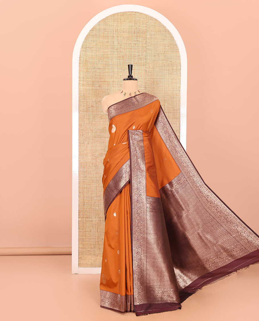 Rust orange manga buttas kanchi soft-silk saree, contrast traditional zari border of floral creeper designs, intricate pallu, and a contrast zari design blouse