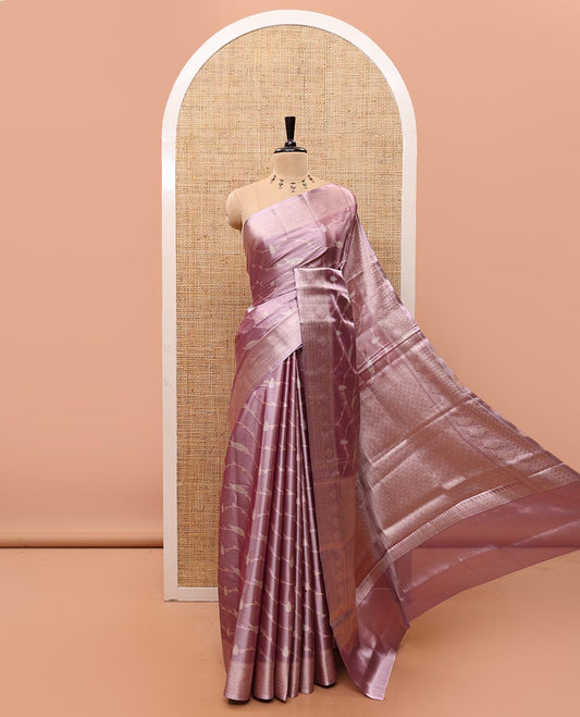 Lavender Tissue Silk Saree Featuring Floral Jaal Brocade in Rose Copper Zari, Delicately Designed Border of Traditional Motifs, Pallu Woven in Jaal Design, and a Jaal Brocade Matching Blouse