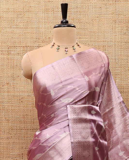 Lavender Tissue Silk Saree Featuring Floral Jaal Brocade in Rose Copper Zari, Delicately Designed Border of Traditional Motifs, Pallu Woven in Jaal Design, and a Jaal Brocade Matching Blouse
