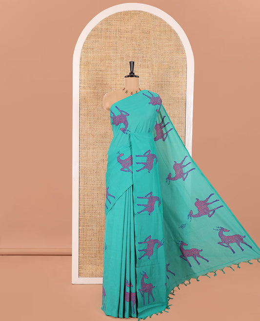 Borderless Peacock Green South Cotton Saree Featuring Leaf and Dotted Deer Motifs Block Printed All Over the Saree, Complemented by a Contrast Floral Motifs Block Printed Blouse