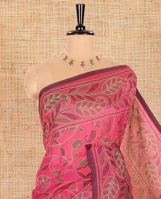 Rani Pink Khadi Cotton Saree Prettified with Kalamkari-Style Paisley-Floral Prints, Subtly Sparkled with Self-Border of Floral Creeper Designs, Complemented by Contrast Paisley-Floral Vine Pallu, and Paired with a Contrast Printed Blouse