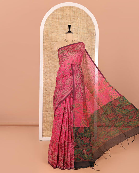 Rani Pink Khadi Cotton Saree Prettified with Kalamkari-Style Paisley-Floral Prints, Subtly Sparkled with Self-Border of Floral Creeper Designs, Complemented by Contrast Paisley-Floral Vine Pallu, and Paired with a Contrast Printed Blouse