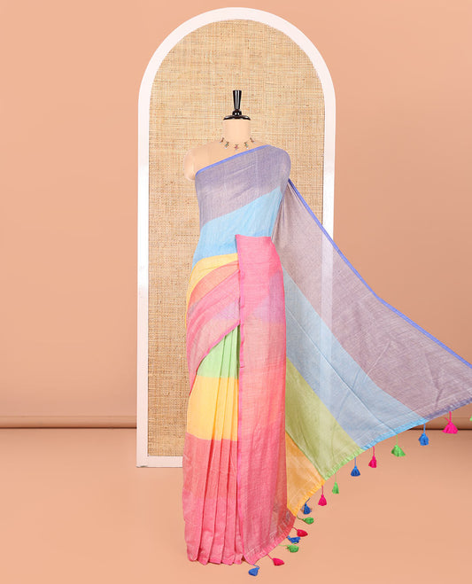 Borderless Multi-Colored Khadi Mul Cotton Saree Decked Up with Rainbow-Style Stripes All Over the Saree, Subtly Sparkled Colorful Tassels, and Paired with a Matching Blouse