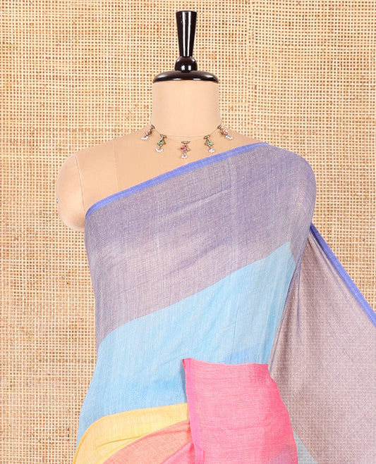 Borderless Multi-Colored Khadi Mul Cotton Saree Decked Up with Rainbow-Style Stripes All Over the Saree, Subtly Sparkled Colorful Tassels, and Paired with a Matching Blouse