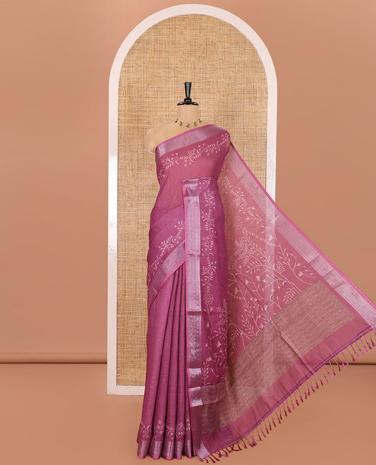 Pink Linen Cotton Saree, Subtly Sparkled with Floral Vine Motifs Printed All Over Its Body, Subtle Bavanji Border, Pallu Steeped with Stripes, and Paired with a Floral Printed Blouse