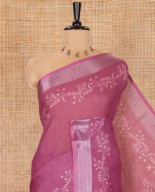 Pink Linen Cotton Saree, Subtly Sparkled with Floral Vine Motifs Printed All Over Its Body, Subtle Bavanji Border, Pallu Steeped with Stripes, and Paired with a Floral Printed Blouse
