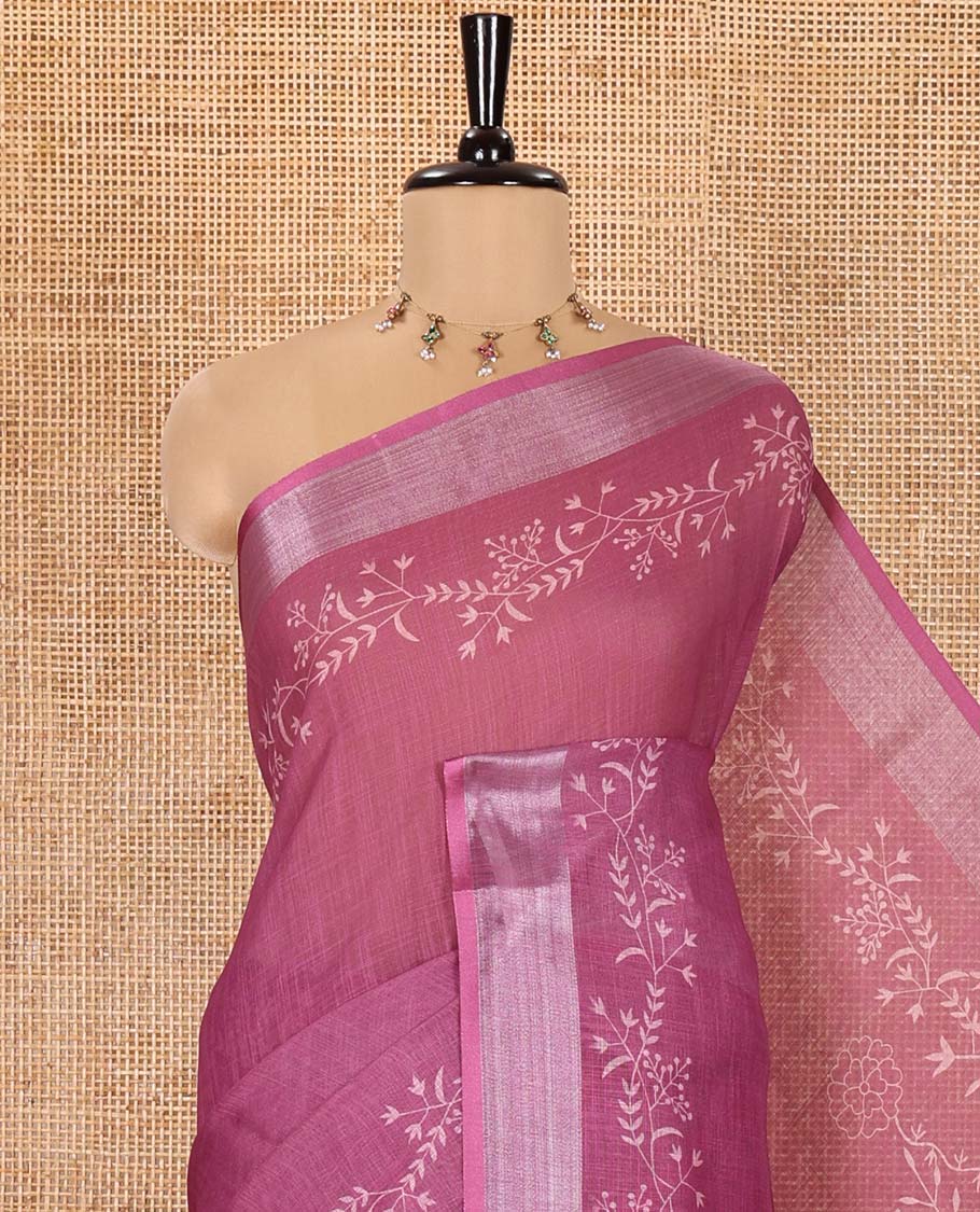 Pink Linen Cotton Saree, Subtly Sparkled with Floral Vine Motifs Printed All Over Its Body, Subtle Bavanji Border, Pallu Steeped with Stripes, and Paired with a Floral Printed Blouse