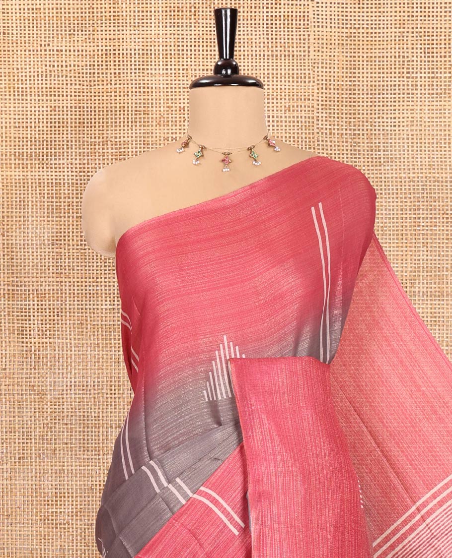 Pale Brown Tissue Saree, Embellished with Horizontal Stripes and Geometric Motifs Printed All Over Its Body, Complemented by a Contrast-Printed Border, Pallu Depicts Geometric Patterns, and Paired with a Contrast Geometric Printed Blouse