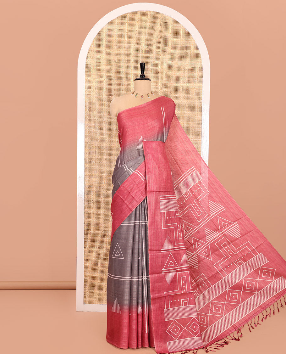 Pale Brown Tissue Saree, Embellished with Horizontal Stripes and Geometric Motifs Printed All Over Its Body, Complemented by a Contrast-Printed Border, Pallu Depicts Geometric Patterns, and Paired with a Contrast Geometric Printed Blouse