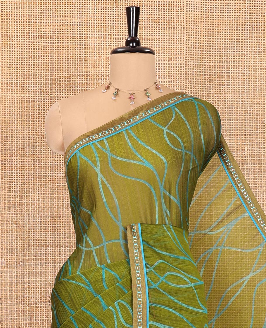 Mehendi Shimmer Chiffon Saree, Elevated with Geometric Patterns on Its Body, Subtle Lace Border, Pallu with the Same Print, and Paired with a Contrast Blouse