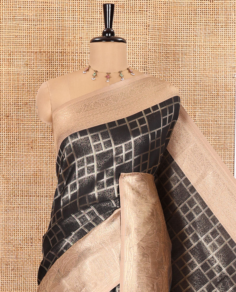 Black Elite Soft Silk Saree, Enthralled with Checked Design on Its Body, Complemented by a Contrast Border of Jungle-Themed Flora-Fauna Motifs, a Pallu of Checked Design, and Paired with a Contrast Blouse