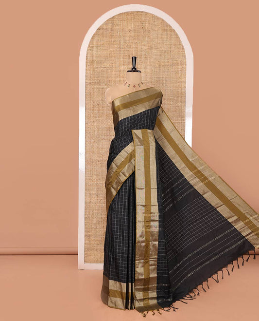 Black Soft Silk Saree, Delicately Woven with Checked Design on Its Body, Complemented by Contrast Rettai Pettu Border, Subtly Striped Pallu, and Paired with a Matching Blouse