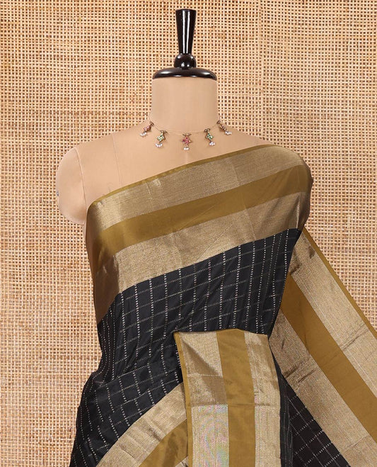 Black Soft Silk Saree, Delicately Woven with Checked Design on Its Body, Complemented by Contrast Rettai Pettu Border, Subtly Striped Pallu, and Paired with a Matching Blouse