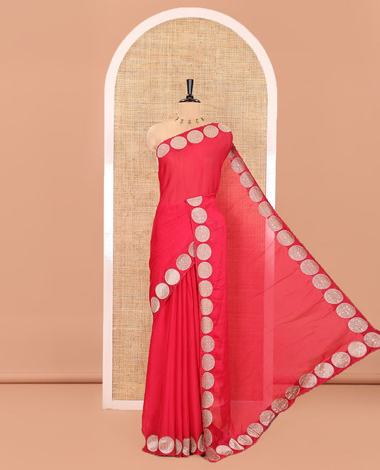 Pink Plain Black Rangoli Saree, Scallop Border Elevated with Round Motifs, Patch Embroidery, Self-Pallu, and Paired with a Matching Blouse