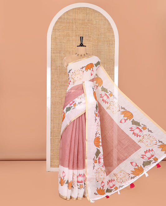 Light Brown Plain Linen Cotton Saree, Complemented by a Contrast Border Depicting Pichwai Cow and Lotus Motifs Print, Pallu of the Same Body Print, and Paired with a Contrast Blouse