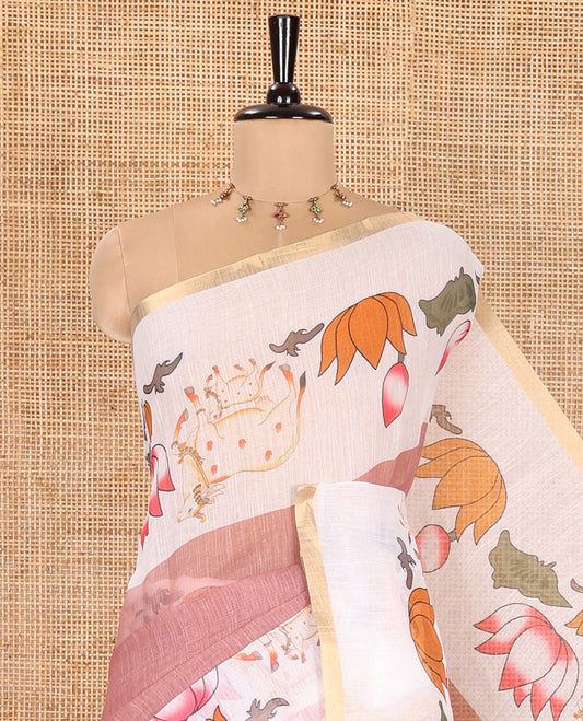 Light Brown Plain Linen Cotton Saree, Complemented by a Contrast Border Depicting Pichwai Cow and Lotus Motifs Print, Pallu of the Same Body Print, and Paired with a Contrast Blouse