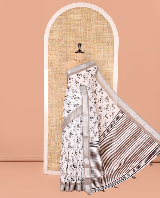 White Linen Cotton Saree, Beautifully Bedecked with Sparrow Motifs All Over Its Body, Complemented by a Contrast Zari Border, Pallu Steeped with Stripes, and Paired with a Contrast Blouse