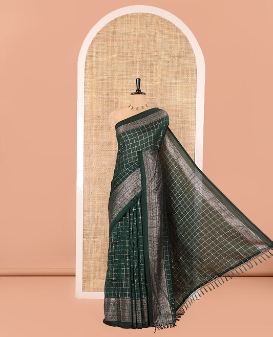 Green Vichitra Saree, Decorated with Medium-Sized Checked Design on Its Body, Highlighted by a Traditional Design Border, Self-Pallu, and Comes Without a Blouse