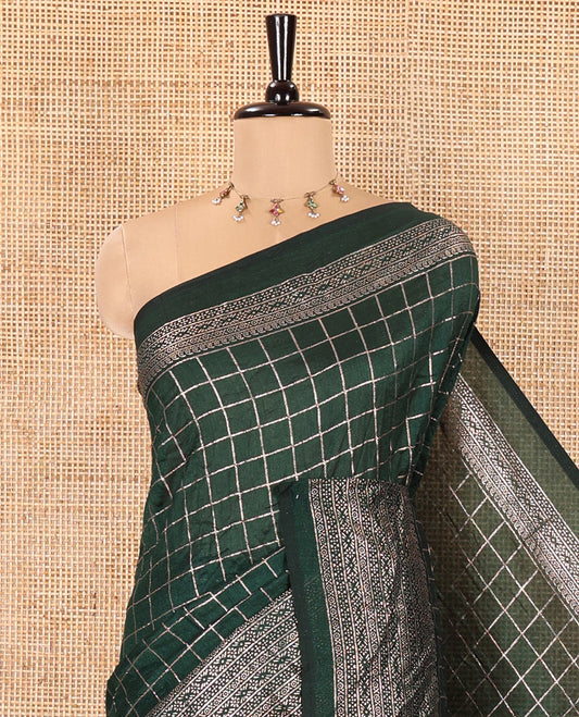 Green Vichitra Saree, Decorated with Medium-Sized Checked Design on Its Body, Highlighted by a Traditional Design Border, Self-Pallu, and Comes Without a Blouse