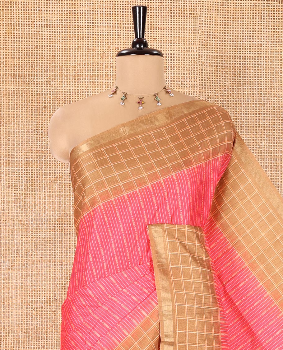 Pink Katan Silk Saree, Elevated with Vaira-Oosai-Style Stripes on Its Body, Complemented by a Contrast-Checked Border, Pallu of Jaal Designs, and Paired with a Contrast Blouse