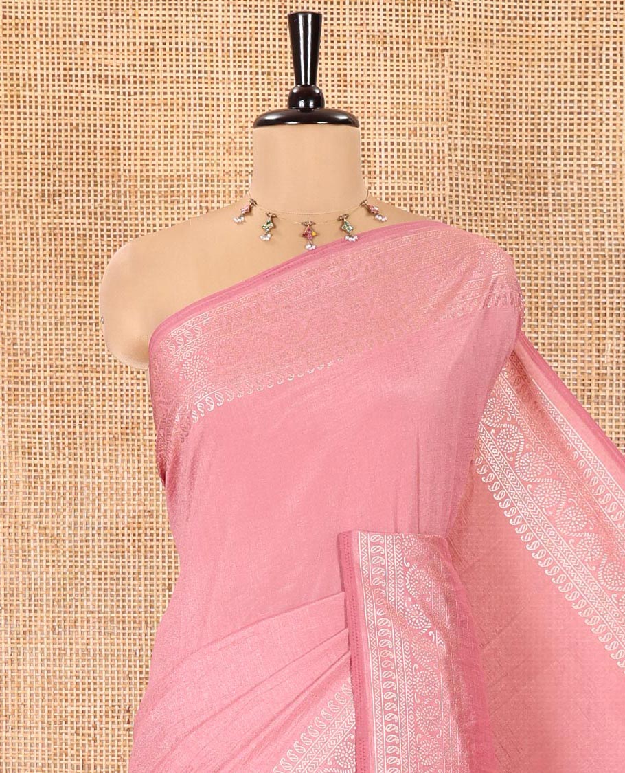 Pink Plain Vichitra Silk Saree, Subtle Traditional Motifs Woven Border, Plain Pallu, and Paired with a Matching Blouse