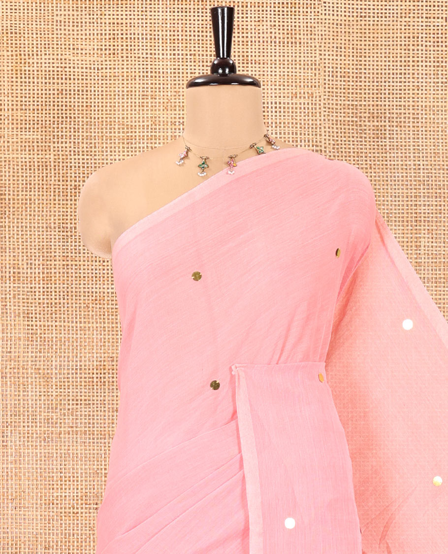 Borderless Peach Khadi Mul Cotton Saree, Gleamed Up with Sequins Work All Over Its Bodyt, and Pallu, and Paired with a Matching Blouse