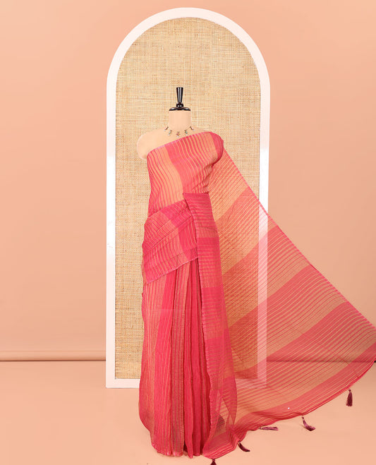 Borderless Pink Lightweight Chiffon Saree, Subtly Printed with Stripes on Its Body, Self-Pallu of Stripes, and Paired with a Matching Blouse