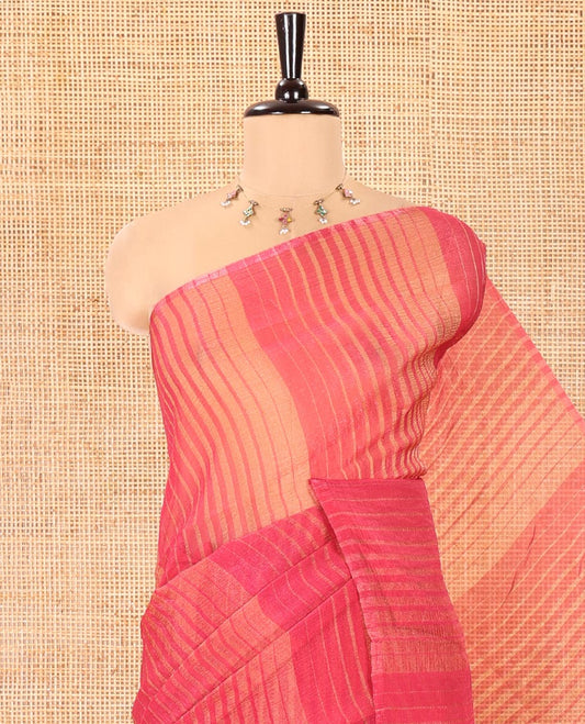 Borderless Pink Lightweight Chiffon Saree, Subtly Printed with Stripes on Its Body, Self-Pallu of Stripes, and Paired with a Matching Blouse