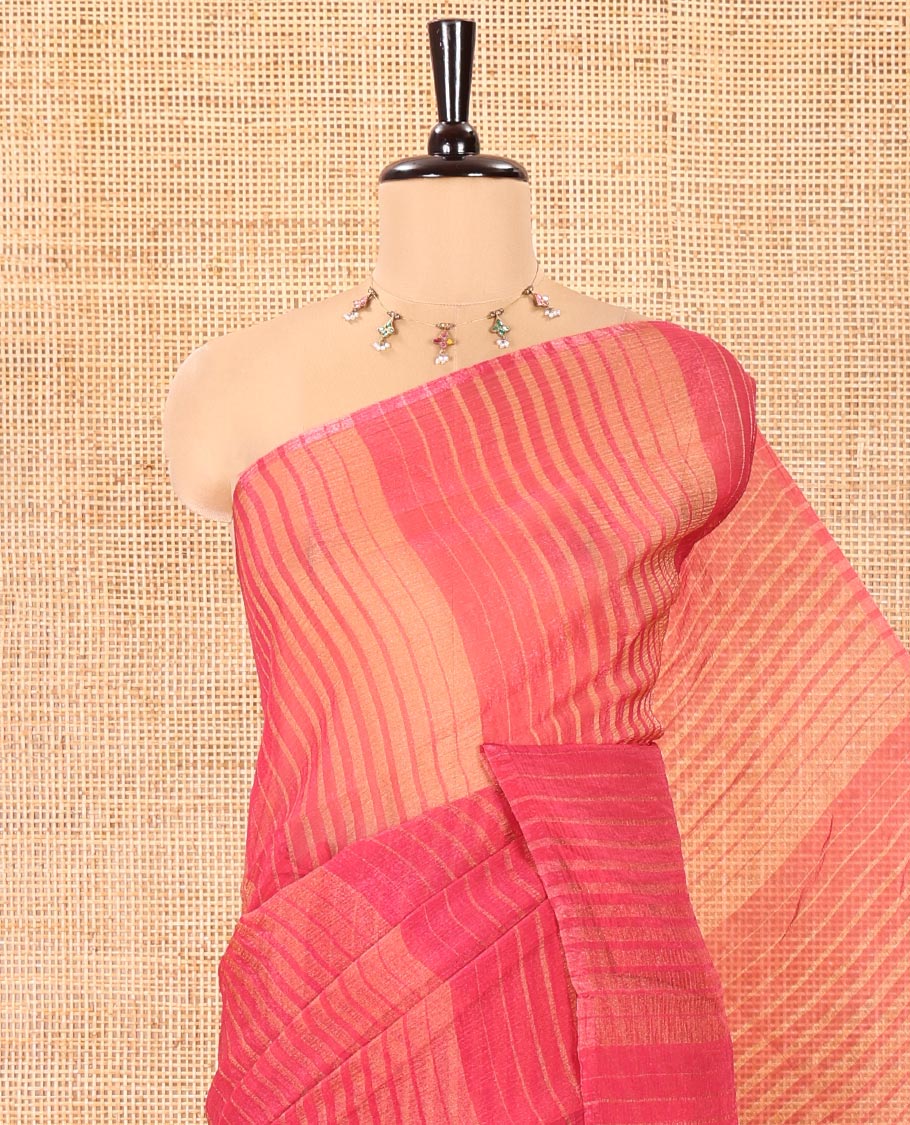Borderless Pink Lightweight Chiffon Saree, Subtly Printed with Stripes on Its Body, Self-Pallu of Stripes, and Paired with a Matching Blouse