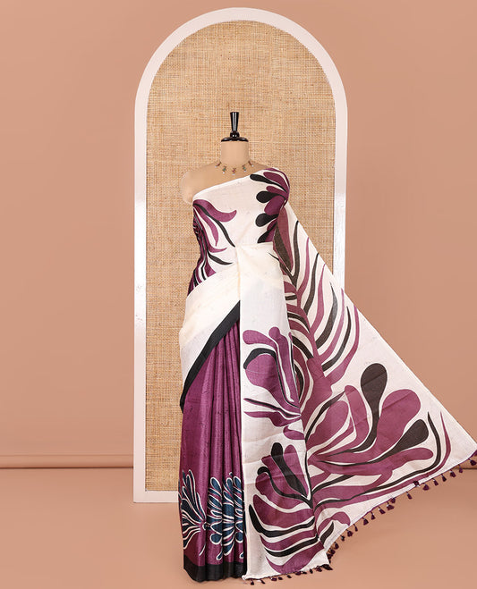 Borderless Cream and Purple Art Khadi Cotton Saree, Styled with Batik Print-Style Vines Print on Its Body, Self-Pallu of Batik Print, and Paired with a Printed Blouse