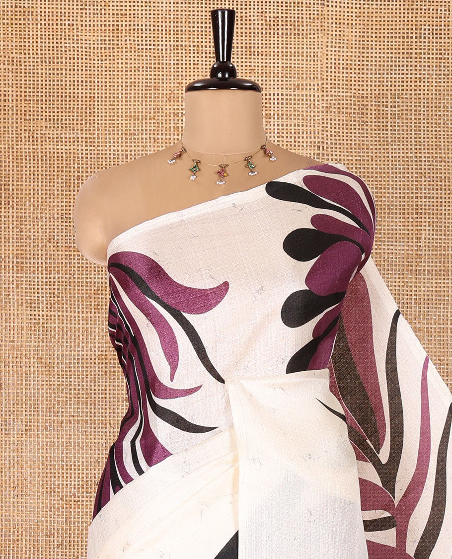 Borderless Cream and Purple Art Khadi Cotton Saree, Styled with Batik Print-Style Vines Print on Its Body, Self-Pallu of Batik Print, and Paired with a Printed Blouse