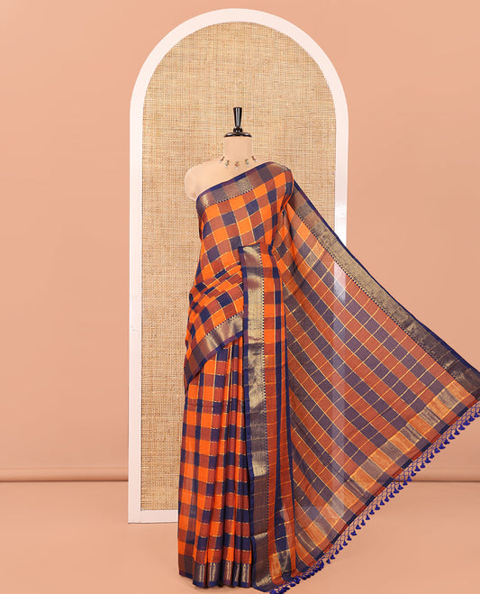Rust Checked Khadi Mul Cotton Saree, Highlighted by Zari Traditional Border, Zari Checked Pallu, and Paired with a Matching Blouse