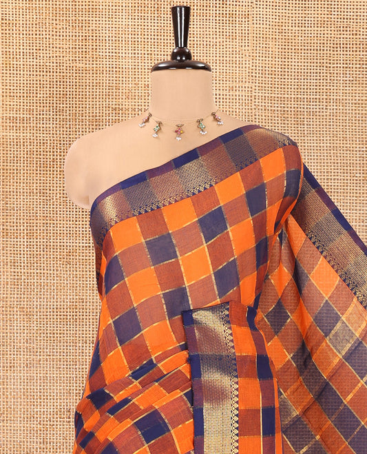 Rust Checked Khadi Mul Cotton Saree, Highlighted by Zari Traditional Border, Zari Checked Pallu, and Paired with a Matching Blouse