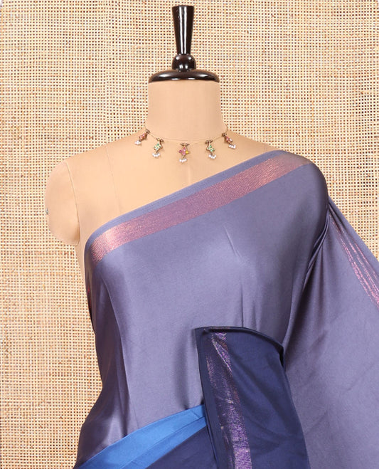 Navy Blue Ombre Plain Satin Crepe Saree, Subtle Zari Border, Plain Pallu, and Comes without a Blouse