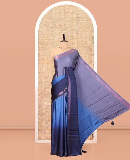 Navy Blue Ombre Plain Satin Crepe Saree, Subtle Zari Border, Plain Pallu, and Comes without a Blouse