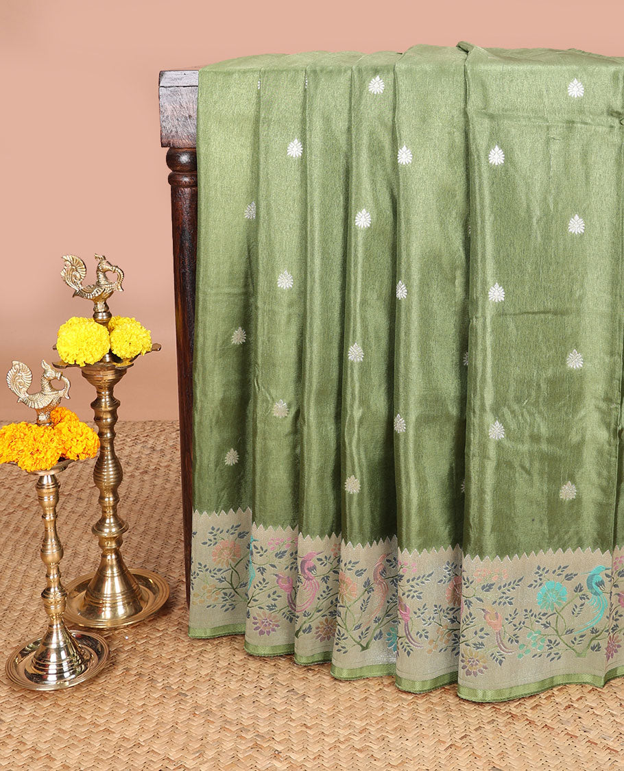 Olive green pathick style design dola silk saree with parrot design border & pathick style pallu along with contrast blouse