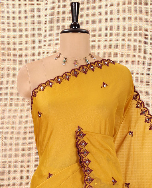 Yellow Rangoli Chiffon Saree, Accentuated with Thread and Mirror Work Buttas on Its Body, Subtle Scallop Embroidered Border, Embroidered Pallu, and Paired with a Contrast Mirror Work Blouse
