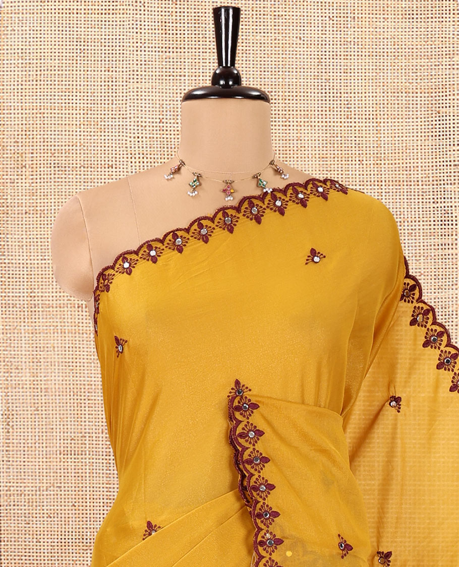 Yellow Rangoli Chiffon Saree, Accentuated with Thread and Mirror Work Buttas on Its Body, Subtle Scallop Embroidered Border, Embroidered Pallu, and Paired with a Contrast Mirror Work Blouse