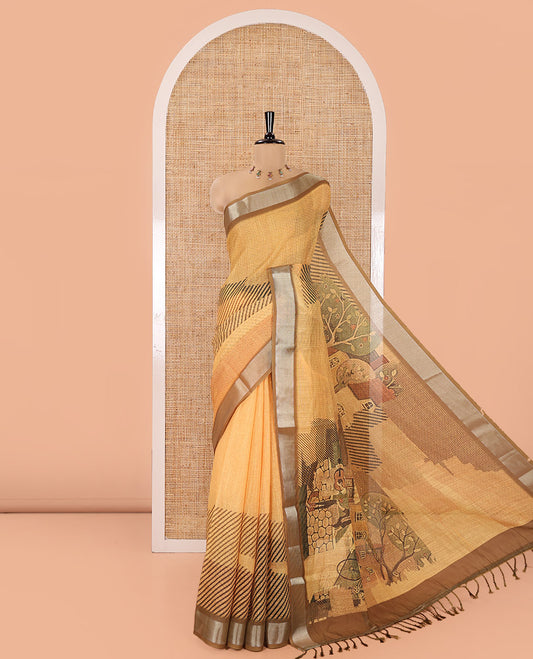 Yellow Linen Cotton Saree, Accentuated with Geometric Patterns Print on Its Body, Complemented by a Contrast Plain Border, Vintage French Scenery Printed Pallu, and Paired with a Contrast Blouse