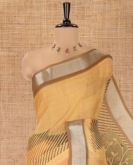Yellow Linen Cotton Saree, Accentuated with Geometric Patterns Print on Its Body, Complemented by a Contrast Plain Border, Vintage French Scenery Printed Pallu, and Paired with a Contrast Blouse
