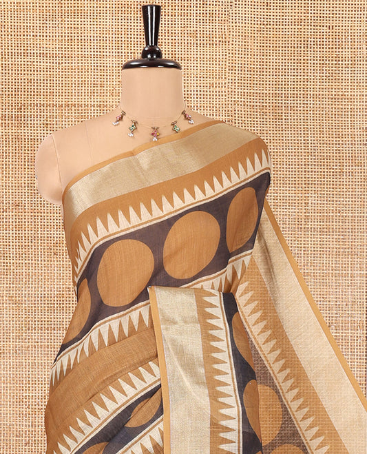 Mustard Linen Cotton Saree, Adorned with Polka Dot and Temple Buttas on Its Body, Highlighted by a Zari Border, Pallu Steeped with Floral Designs, and Paired with a Matching Blouse (Copy)