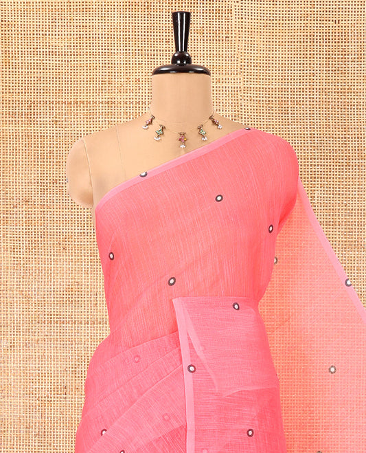 Borderless Pink Linen Cotton Saree, Adorned with Polka Dot Print, Contrast Geometric Printed Pallu, and Paired with a Contrast Blouse