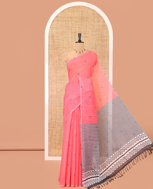 Borderless Pink Linen Cotton Saree, Adorned with Polka Dot Print, Contrast Geometric Printed Pallu, and Paired with a Contrast Blouse