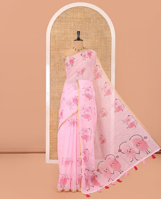 Pink Linen Cotton Saree, Creatively Printed with Thumb Finger Printed Cartoon-Theme Print on Its Body, a Subtle Piping Border, a Self-Printed Pallu, and Paired with a Matching Blouse