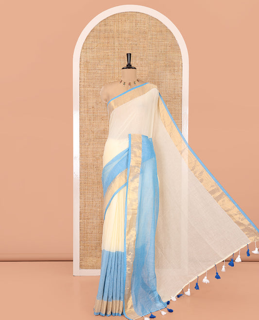 Off-White-Blue Plain Half-And-Half-Style Khadi Mul Cotton Saree with a Zari Border, and No Blouse